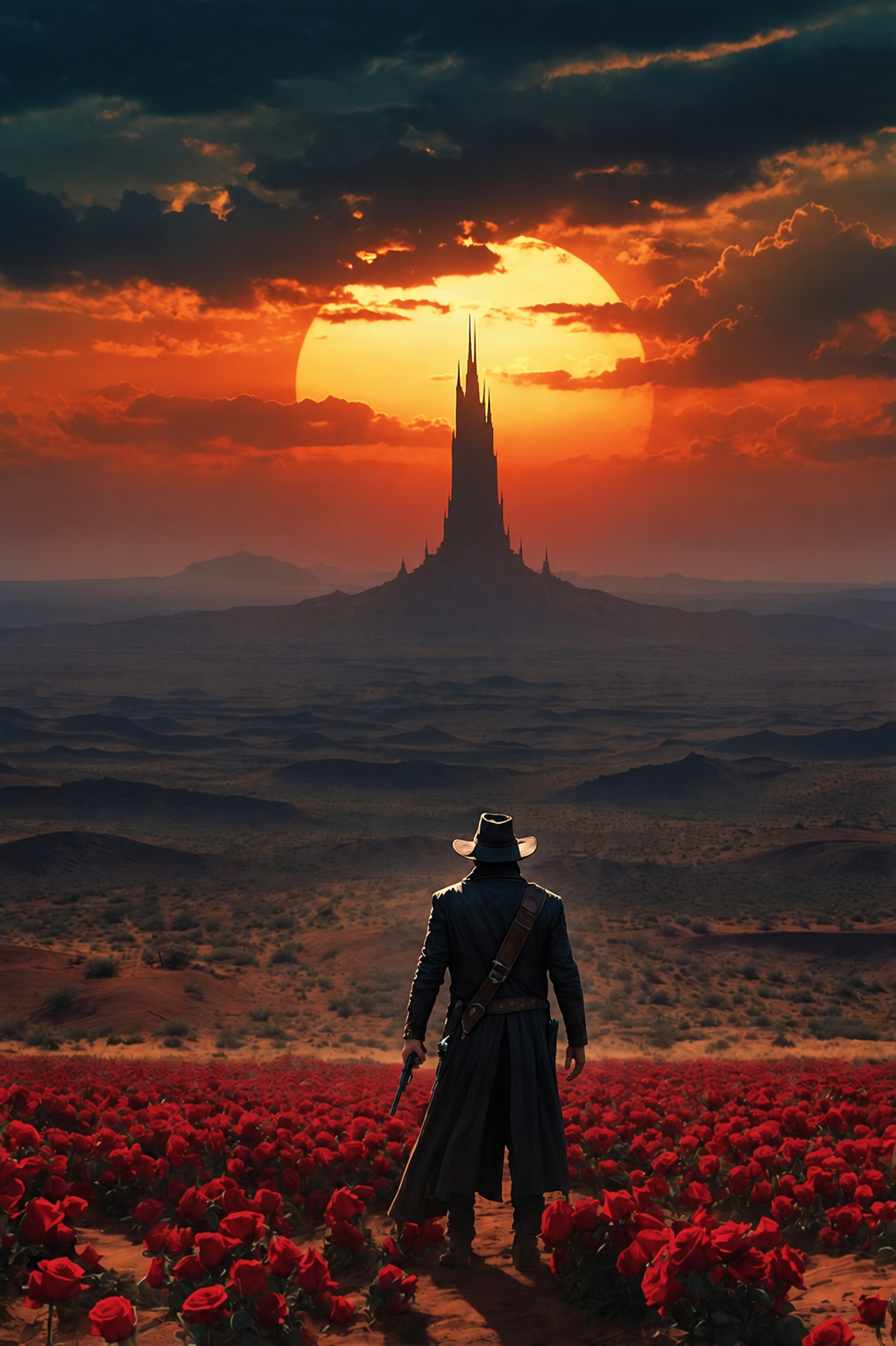 Una figura avanza hacia la Torre Oscura bajo un sol anaranjado.